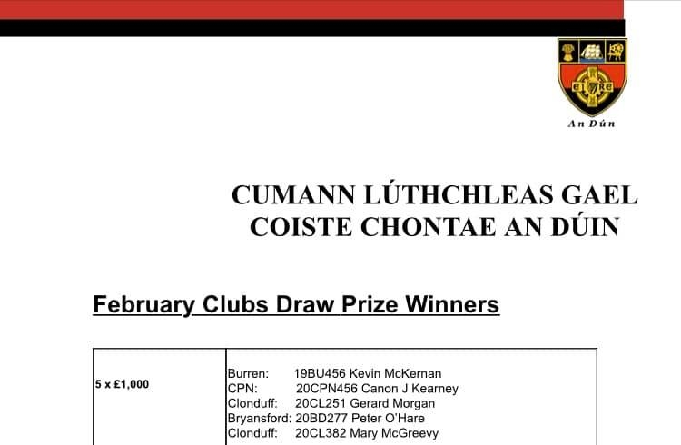 February 2020 Down Club Draw Prize Winners