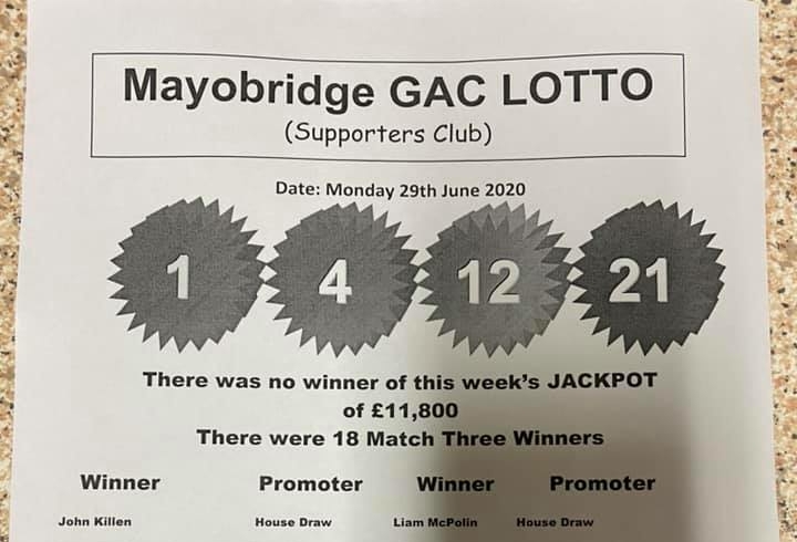 Mayobridge GAC Lotto Monday 29th June 2020